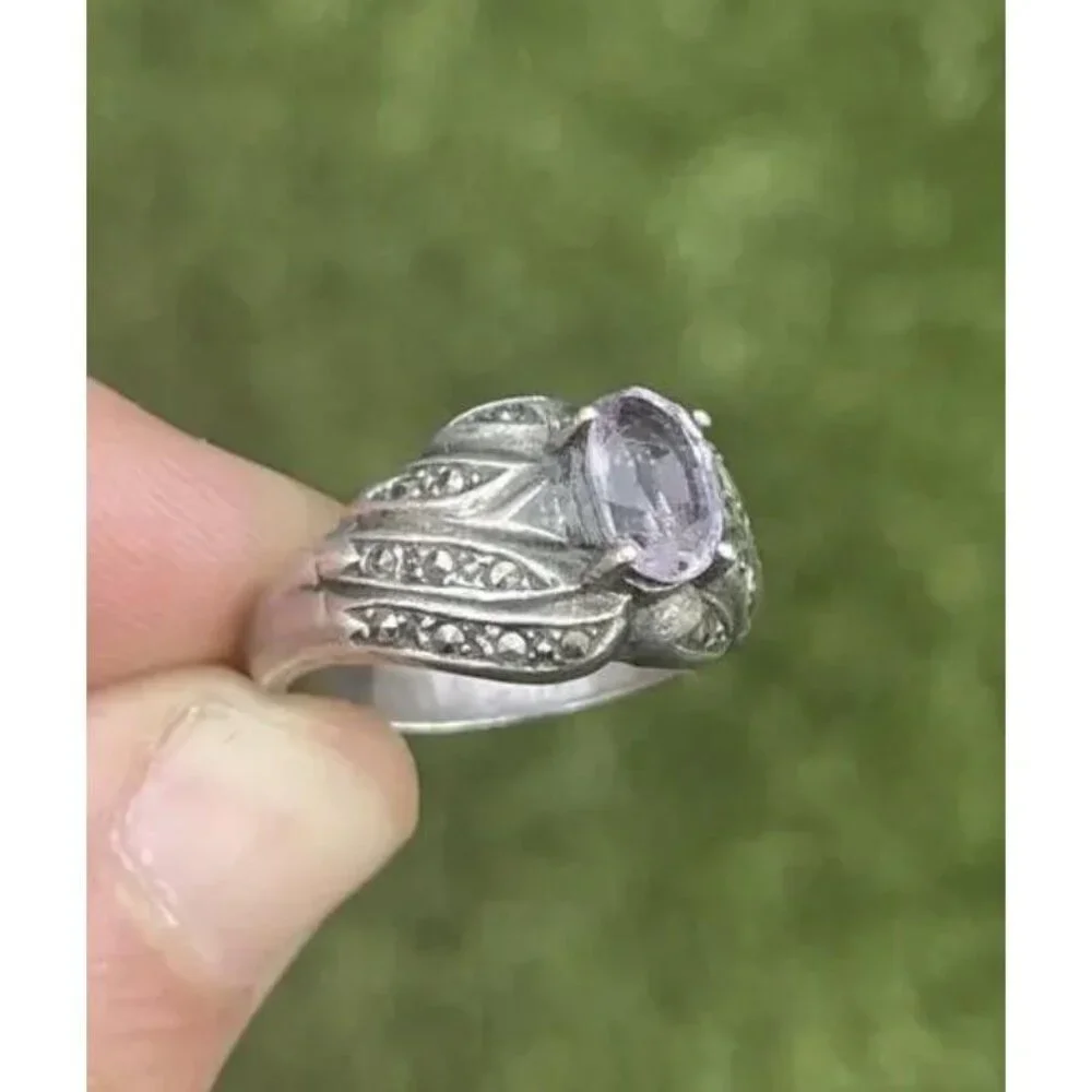 Vintage Art Deco Amethyst Marcasite Ring - Size 9